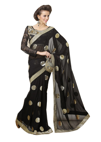 Latest New Look Graceful  Georgette Black Kashmiri kadai patch_work Party Ethnic Designer Sarees