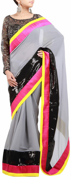 Latest New Look Graceful  Georgette Grey Applique Work resham_embroidery Party Ethnic Designer Sarees