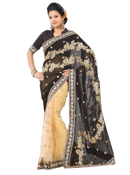 Latest New Look Graceful  Georgette Black Banni Work patch_work Party Ethnic Designer Sarees