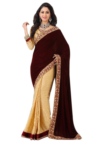 Latest New Look Graceful  Satin Marroon Patch Work resham_embroidery Party Ethnic Designer Sarees