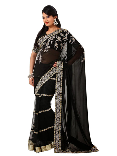 Latest New Look Graceful  Georgette Black Applique Work resham_embroidery Party Ethnic Designer Sarees
