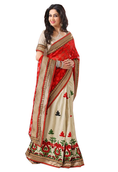Latest New Look Graceful  Poly Cotton Red Applique Work bhagalpuri Party Ethnic Designer Sarees