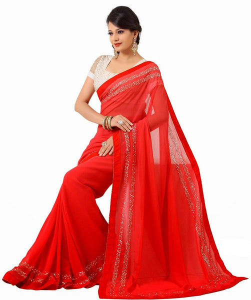 Latest New Look Graceful  Georgette Red Applique Work stone_work Party Ethnic Designer Sarees