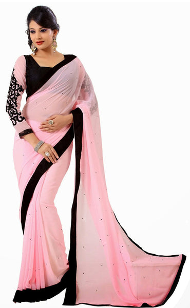 Latest New Look Graceful  Georgette Pink Applique Work resham_embroidery Party Ethnic Designer Sarees