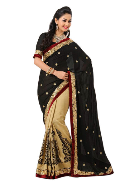 Latest New Look Graceful  Poly Cotton Black Applique Work stripes_print Party Ethnic Designer Sarees