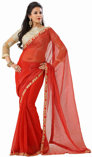 Latest New Look Graceful  Georgette Red Applique Work resham_embroidery Party Ethnic Designer Sarees