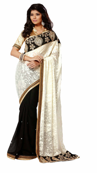Latest New Look Graceful  Brasso Cream Applique Work patch_work Wedding Ethnic Designer Sarees - RAJSHRIFASHIONS