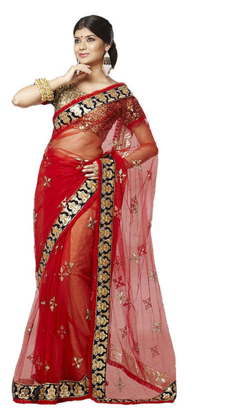 Latest New Look Graceful  Net Red Applique Work resham_embroidery Party Ethnic Designer Sarees