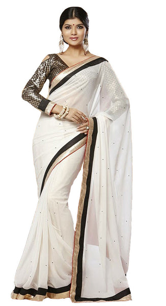 Latest New Look Graceful  Georgette White Applique Work resham_embroidery Party Ethnic Designer Sarees