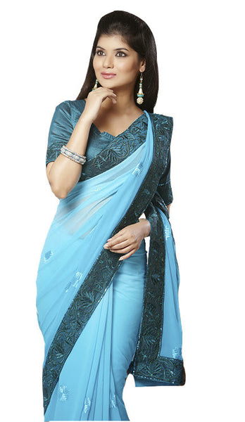 Latest New Look Graceful  Georgette Blue Applique Work resham_embroidery Party Ethnic sarees