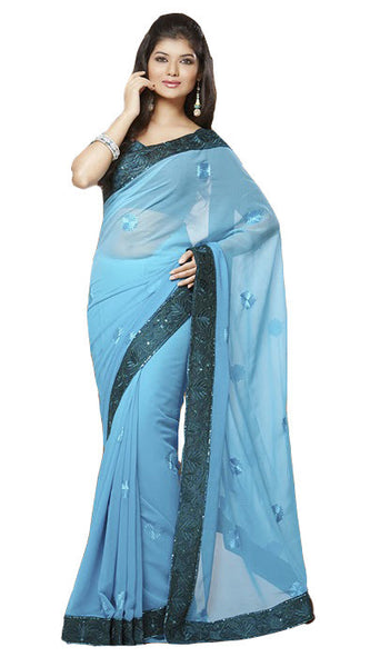 Latest New Look Graceful  Georgette Blue Applique Work resham_embroidery Party Ethnic sarees
