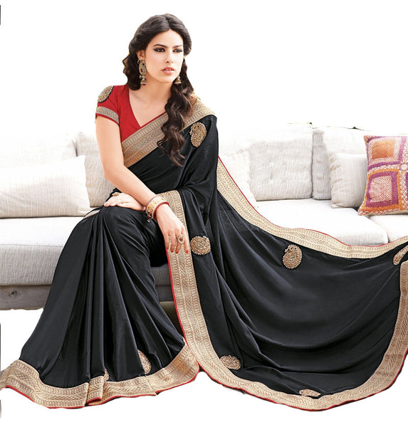 Latest New Look Graceful  Crepe Black Applique Work resham_embroidery traditional Ethnic Designer Sarees
