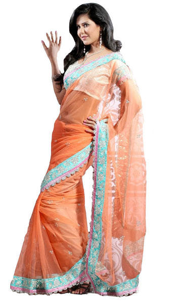 Latest New Look Graceful  Net Peach Applique Work resham_embroidery Party Ethnic Designer Sarees
