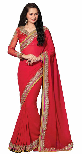 Latest New Look Graceful  Georgette Red Applique Work resham_embroidery Wedding Ethnic Designer Sarees
