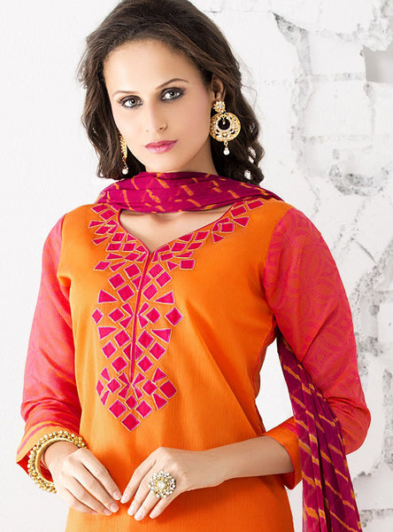 Orange And Pink Color Cotton Salwar Kameez