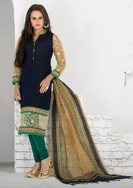 Blue And Beige Color Cotton Silk Salwar Kameez