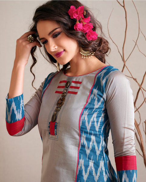 Silver Grey And Blue Readymade Salwar Suit