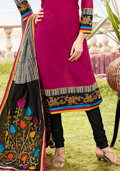Magenta and Black Chanderi Cotton Straight Cut Suit