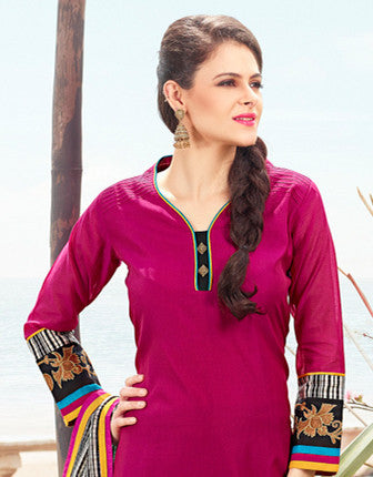 Magenta and Black Chanderi Cotton Straight Cut Suit