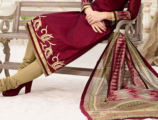 Adorable Maroon Chanderi Cotton Silk Designer Salwar kameez
