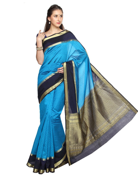 zari-traditional-extra-ordinary-wedding-blue-plain-silk-cotton-saree Rajshri Fashions