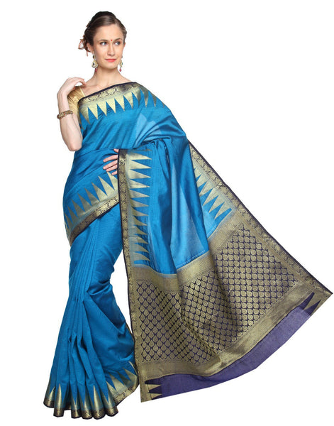 zari-traditional-manipuri-wedding-blue-plain-silk-cotton-saree Rajshri Fashions