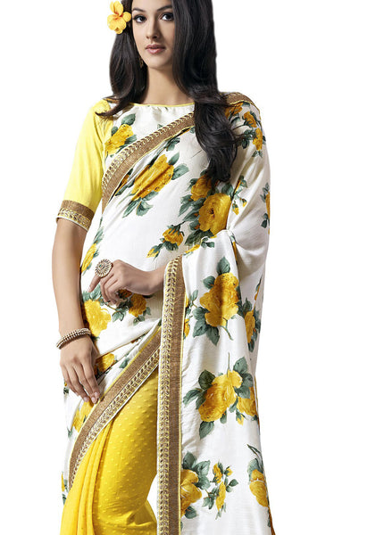 Saptrangi Digital Printed Yellow and White Georgette Ethnic Wear Party Saree
