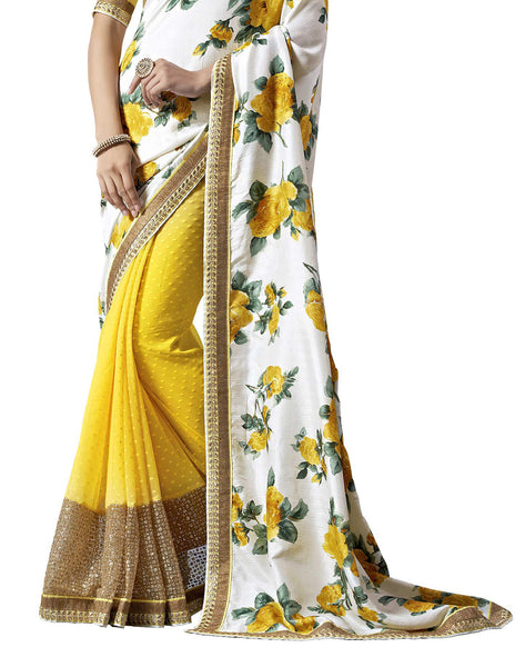 Saptrangi Digital Printed Yellow and White Georgette Ethnic Wear Party Saree