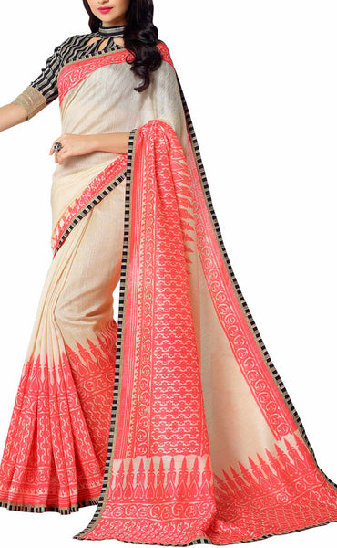 Saptrangi Digital Printed Organic Linen Latest Trend Beige and Red Saree
