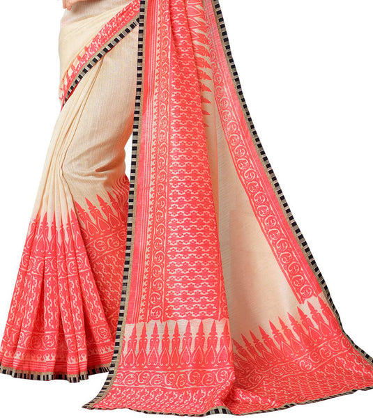 Saptrangi Digital Printed Organic Linen Latest Trend Beige and Red Saree