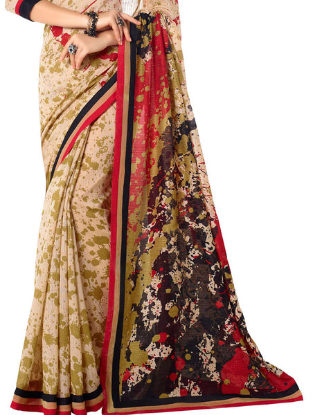Saptrangi Digital Printed Organic Linen Latest Trend Beige and Pink Saree