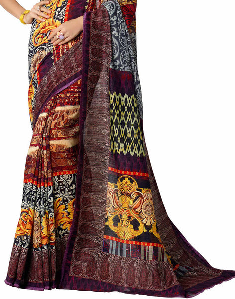 Saptrangi Digital Printed Organic Linen Latest Trend Multicolour and Beige Saree