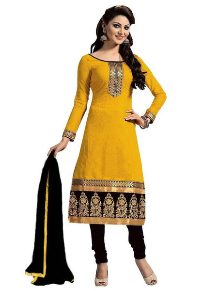 Yellow cotton embroidered semi stitched salwar with dupatta