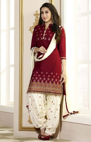 Red embroidered pure cotton and cambric unstitched salwar with dupatta