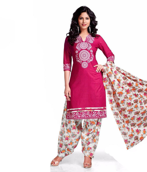 Pink printed cotton unstitched salwar with dupatta