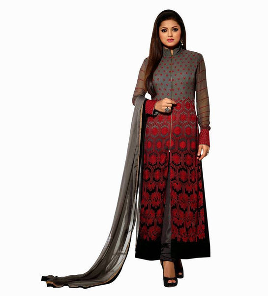 Grey embroidered georgette semi stitched salwar with dupatta