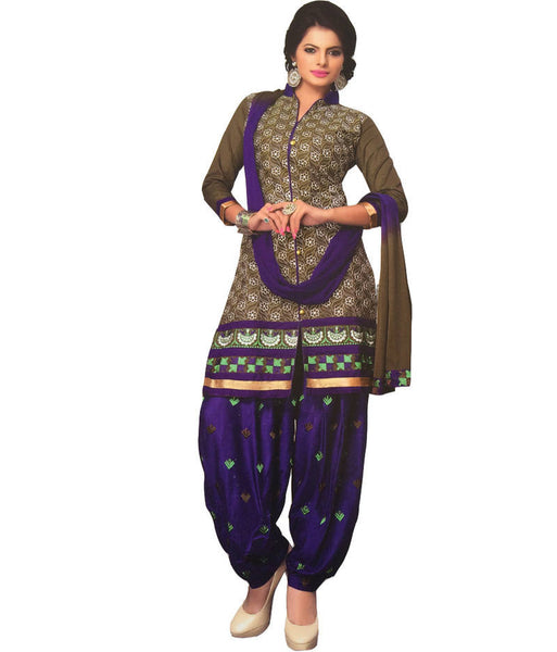 Brown and blue cotton embroidered unstitched salwar with dupatta