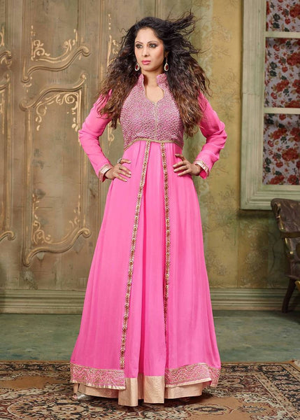 Pink embroidered georgette unstitched salwar with dupatta