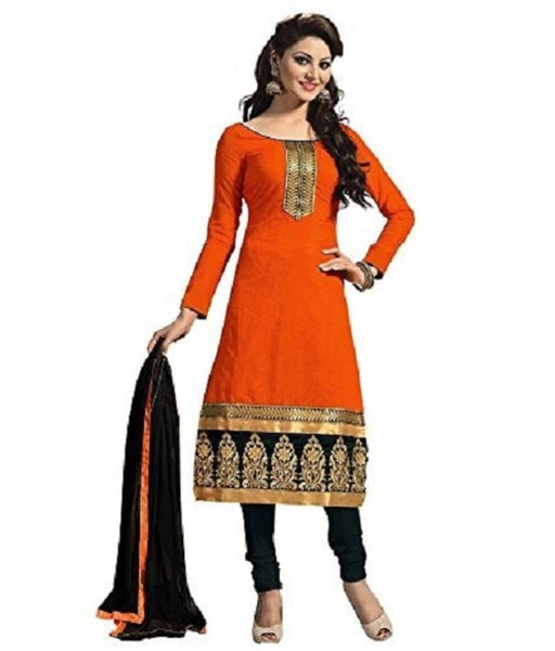 Orange cotton embroidered semi stitched salwar with dupatta