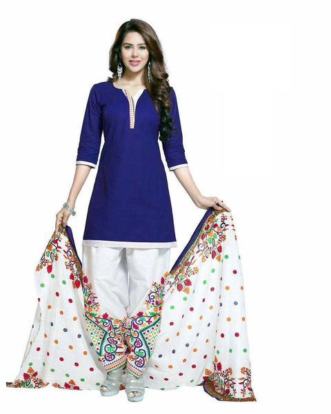 Blue embroidered cotton unstitched salwar with dupatta
