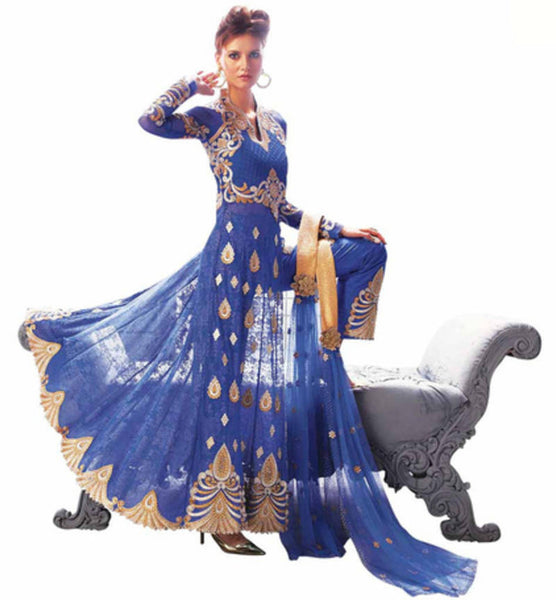 Blue net embroidered semi stitiched salwar with dupatta