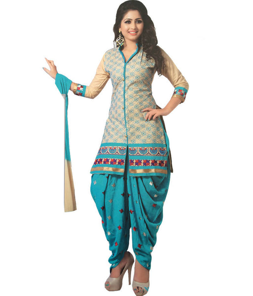 Beige and blue cotton embroidered unstitched salwar with dupatta