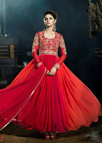 Red embroidered georgette unstitched salwar with dupatta