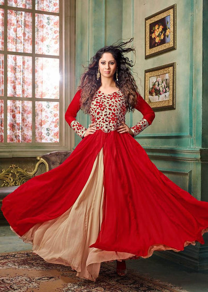 Red and cream embroidered georgette unstitched salwar with dupatta