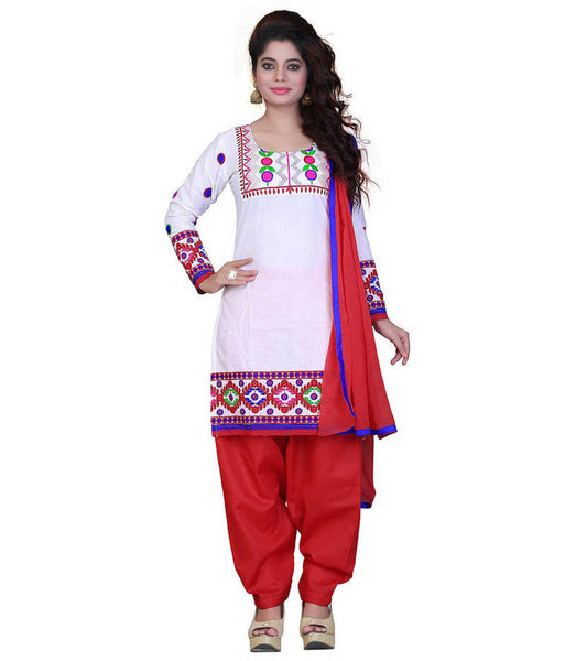 White cotton embroidered semi stitched salwar with dupatta