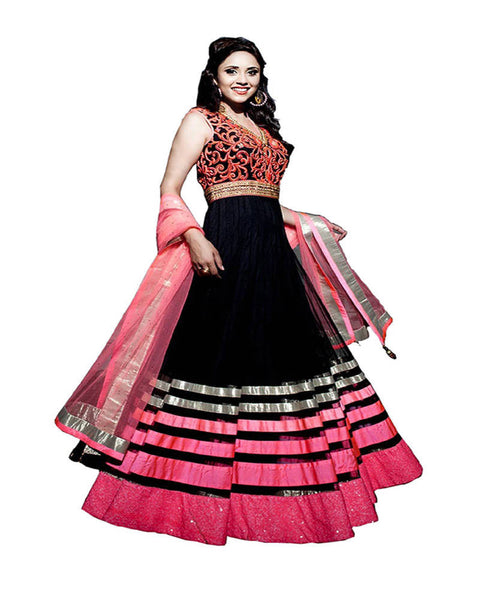 Black embroidered net unstitched salwar with dupatta
