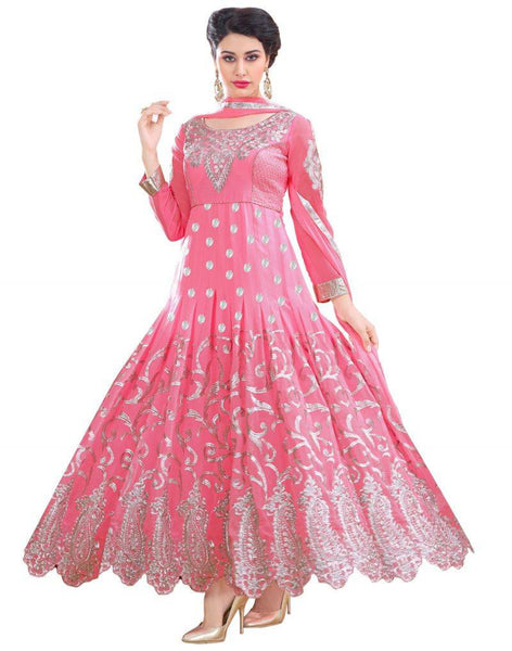 Pink embroidered georgette semi stitched salwar with dupatta