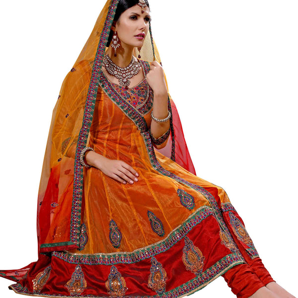 Red embroidered Georgette stitched salwar with dupatta