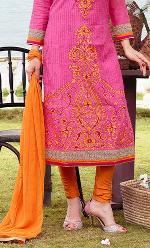Pink and Orange Chanderi Cotton Straight Cut