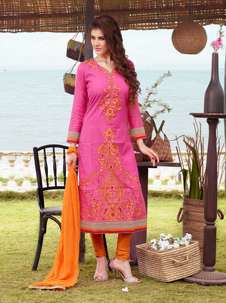 Pink and Orange Chanderi Cotton Straight Cut